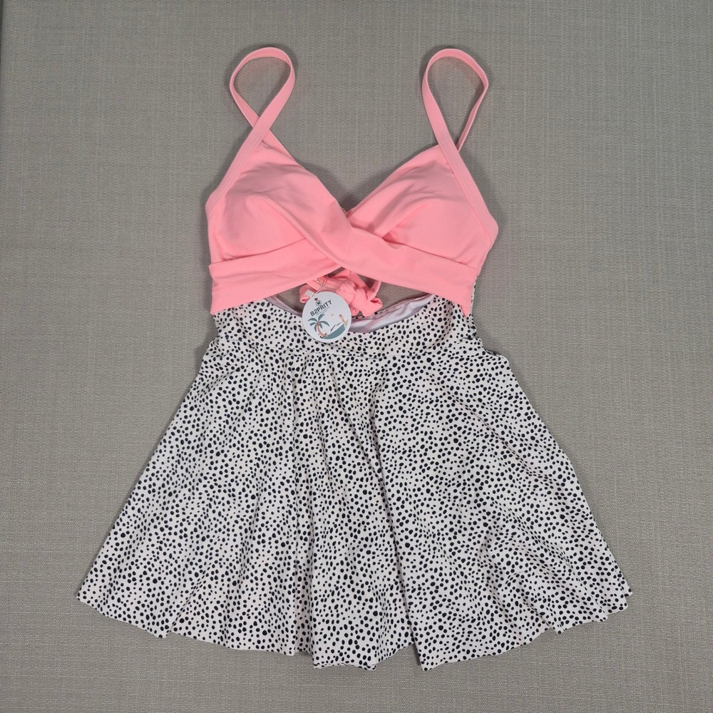 B2PRITY Women Pink Polka Dot Twist Front Tummy Control Swim Dress Size M New